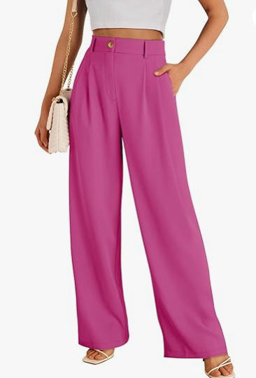 Pantalones casuales de pierna ancha para mujer, estilo poliéster de cintura alta