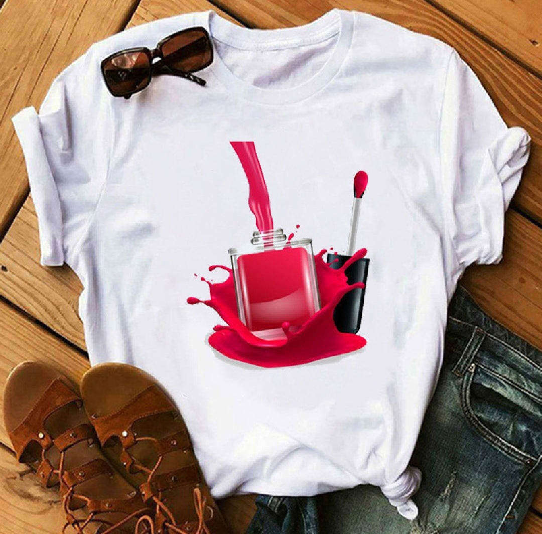 Camiseta informal con cuello redondo y estampado para mujer
