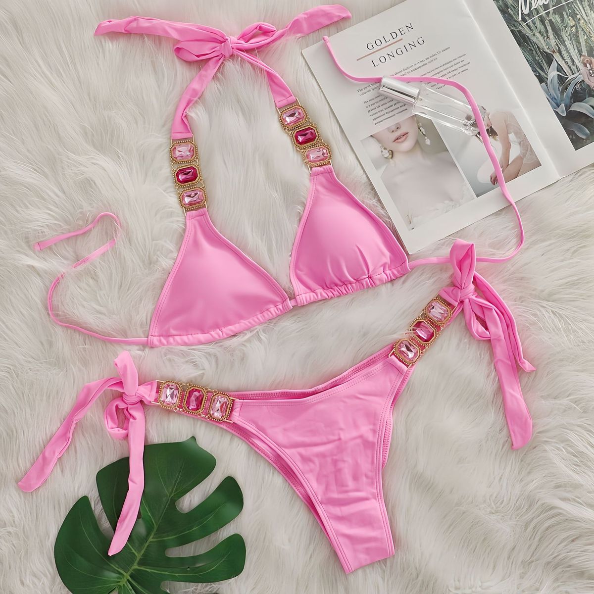 Bikini sexy con tirantes de diamantes de imitación de color sólido para mujer