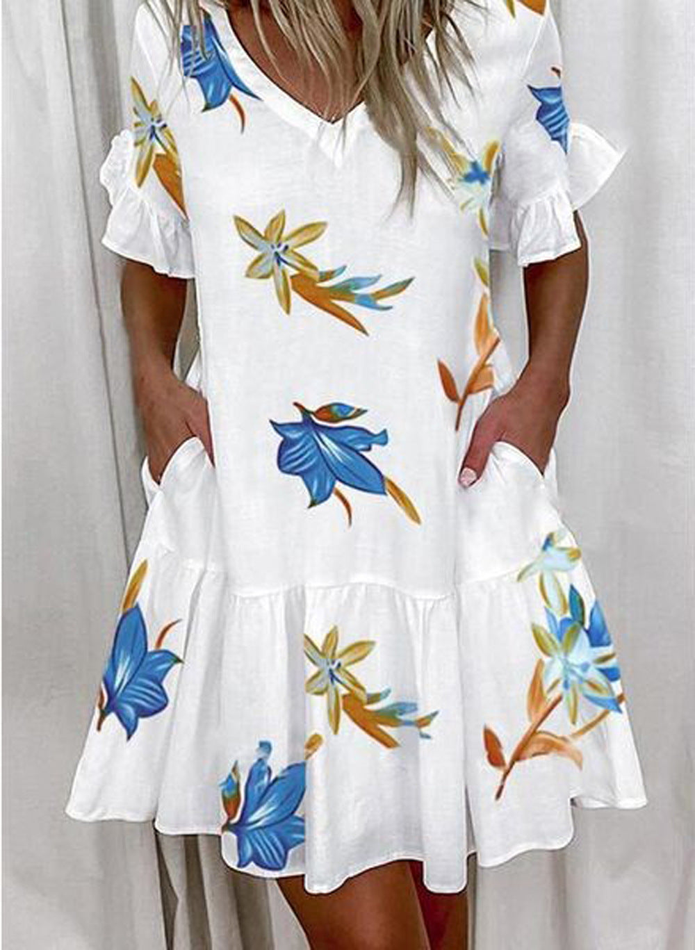 Women Fashion Casual Printed Color Block V-Neck Dress