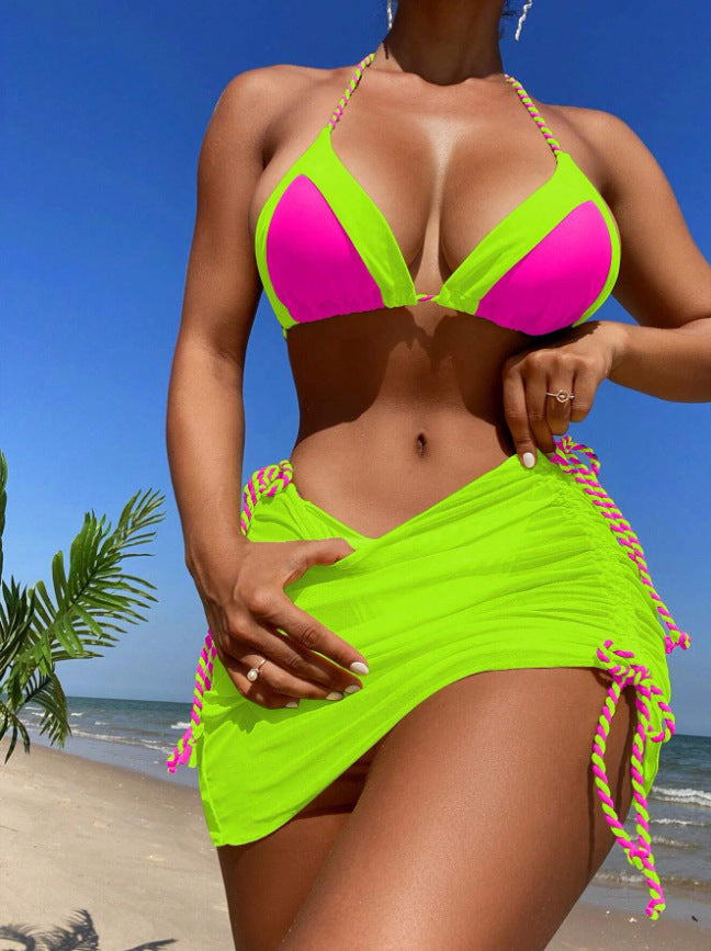 Conjunto de traje de baño sexy con costuras de color en contraste para mujer