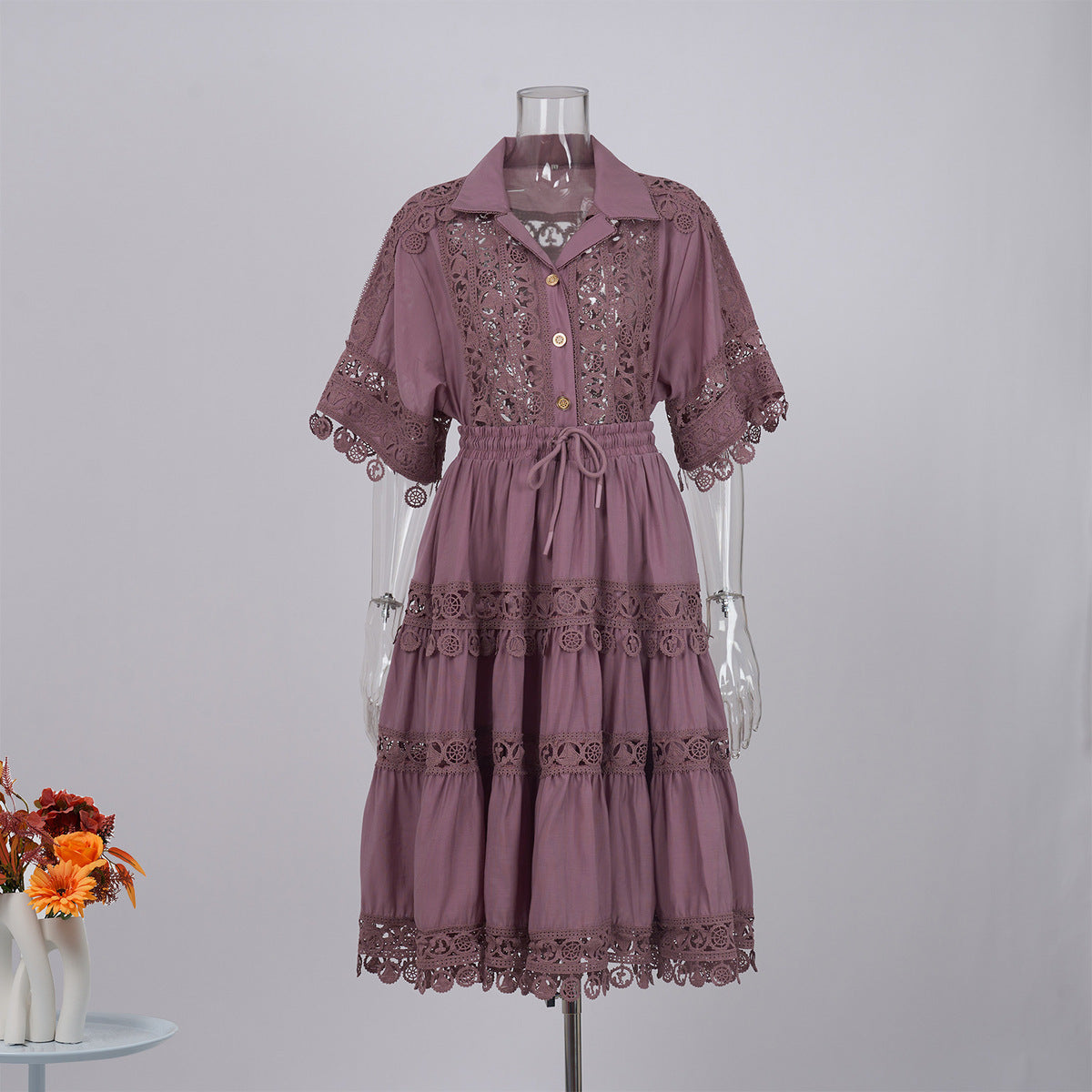 Vintage Palace Style Lapel Embroidered Lace Shirt Skirt Set