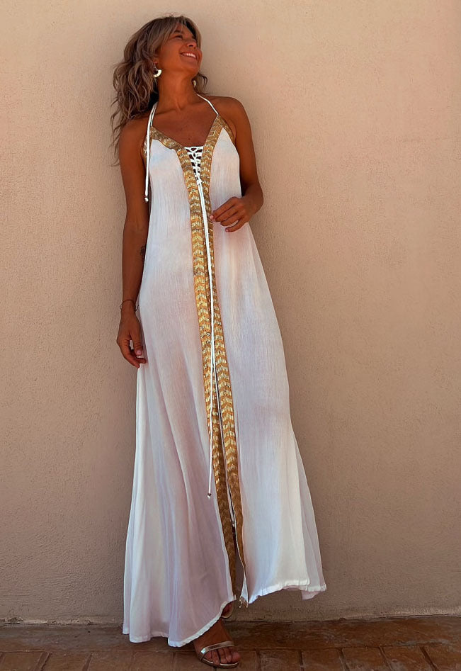 Vestido largo informal de verano con cuello halter y mangas abullonadas para primavera y verano
