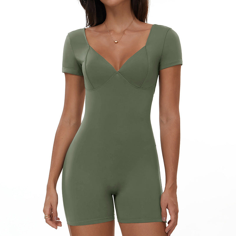 Women Solid Color V-Neck Short-Sleeve Backless Yoga Romper