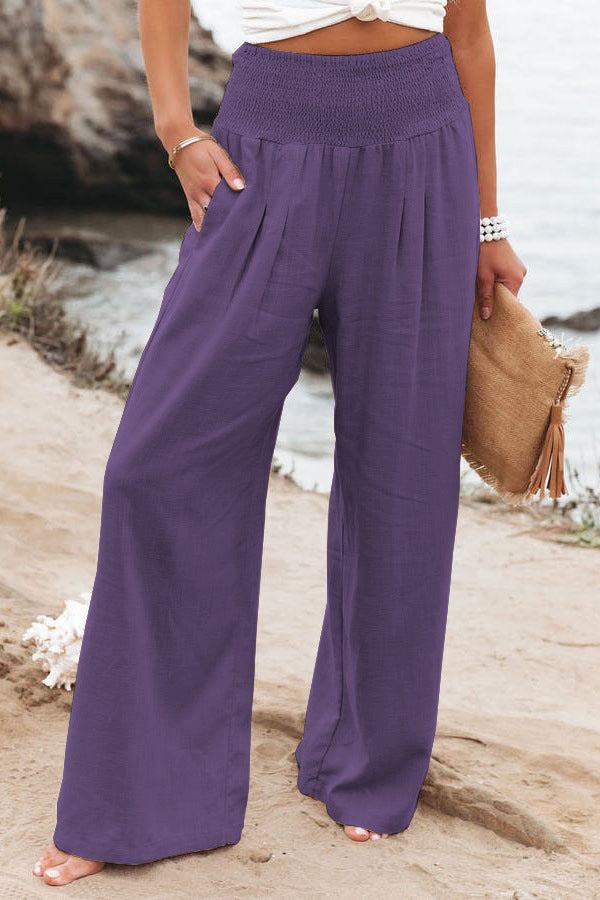 Pantalones anchos de lino y algodón para mujer con bolsillos
