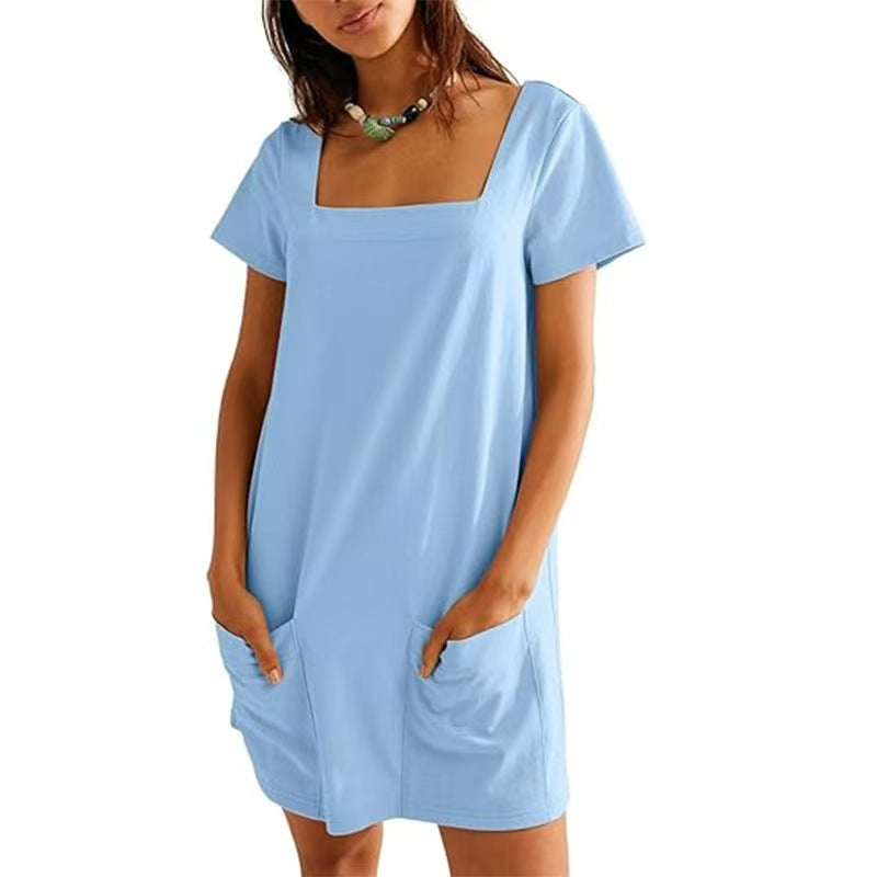 Women Fashion Casual Solid Color Square Neck Dress