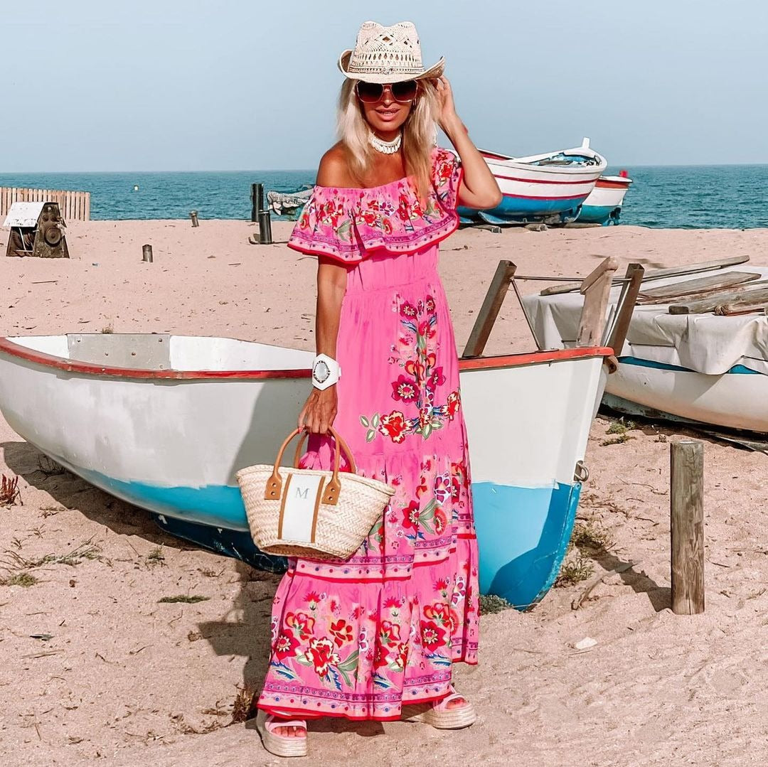 Robe longue d'été sexy style bohème à épaules dénudées et imprimé floral
