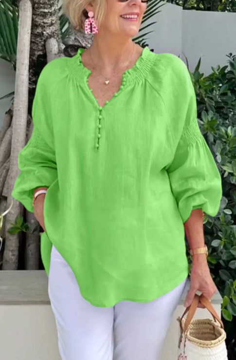 Blusa informal de color liso con cuello en V para mujer