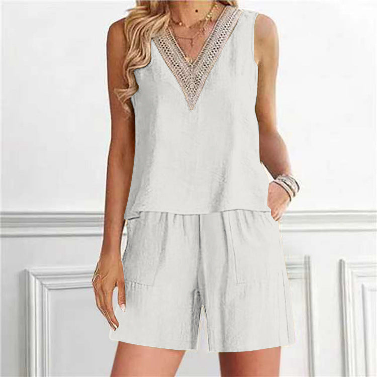 Ensemble 2 pièces décontracté d'été en coton et lin pour femme, haut sans manches à col en V et short