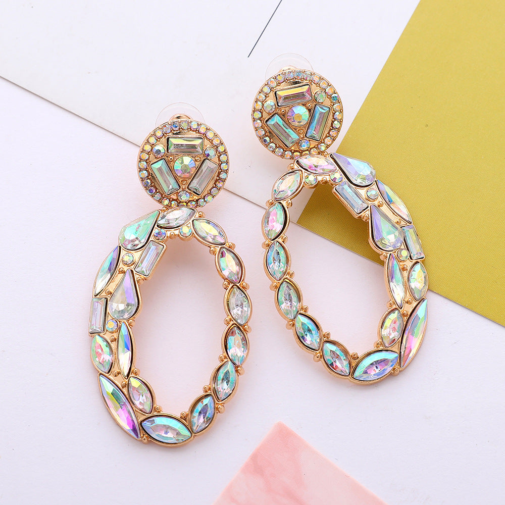 Boucles d'oreilles géométriques ovales en alliage et strass pour femmes, bijoux élégants