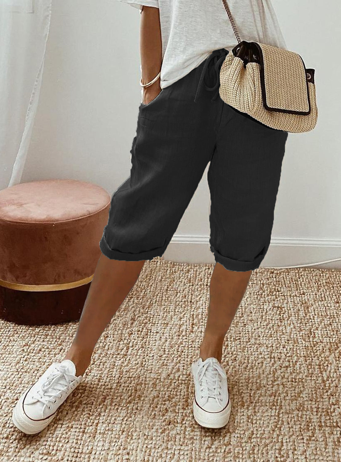 Pantalones casuales de lino y algodón de color liso a la moda para mujer