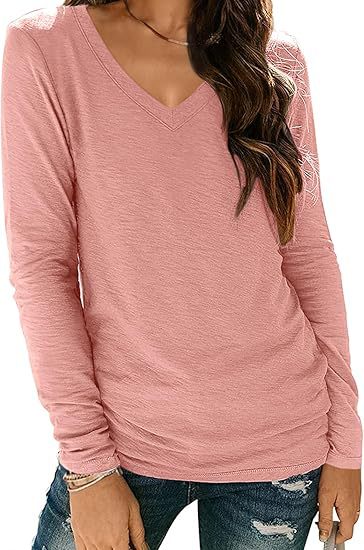 Women Fashion Casual Solid Color V-Neck Long Sleeve Blank T-Shirt