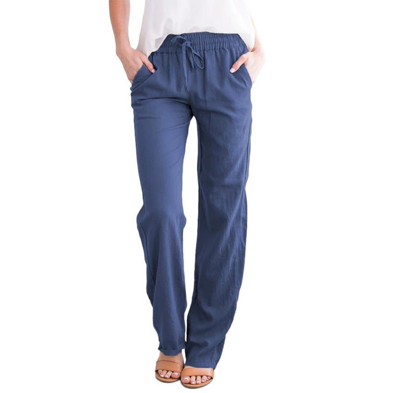 Pantalones casuales de algodón y lino de color sólido para mujer