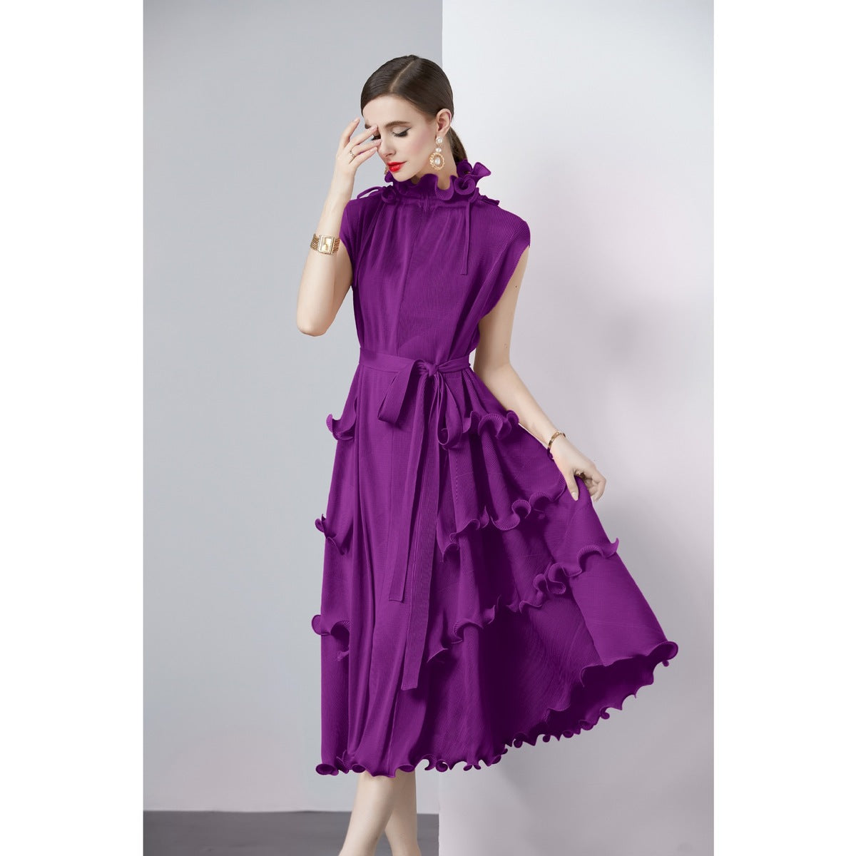 Women Solid Color Pleated Chiffon Dress