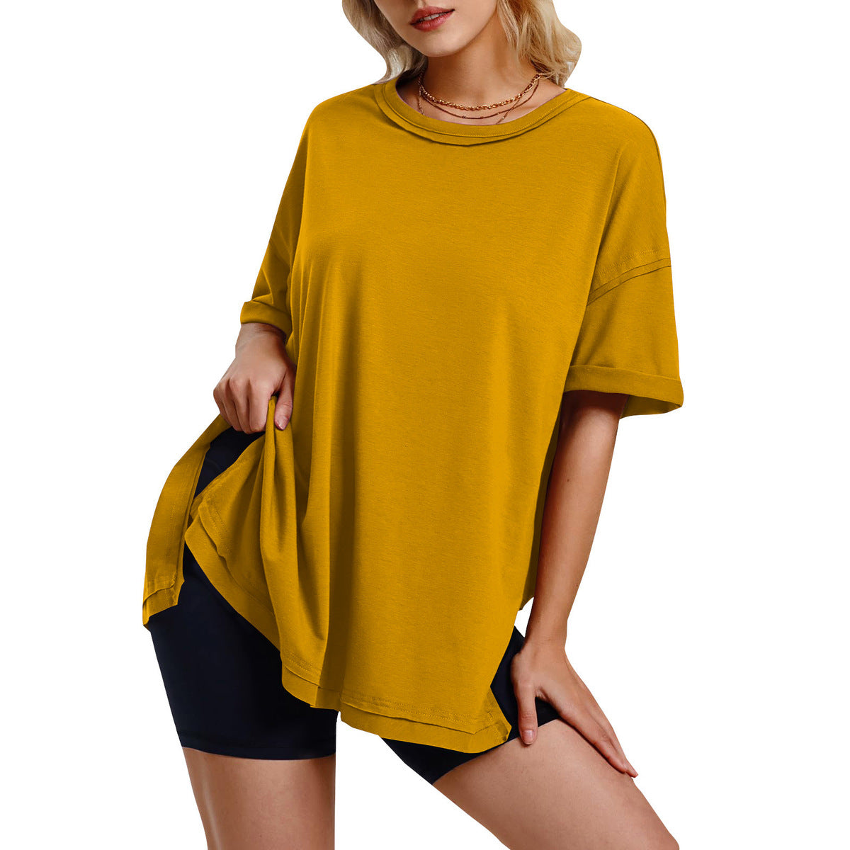 Women Casual Solid Crewneck Loose Tee in Cotton