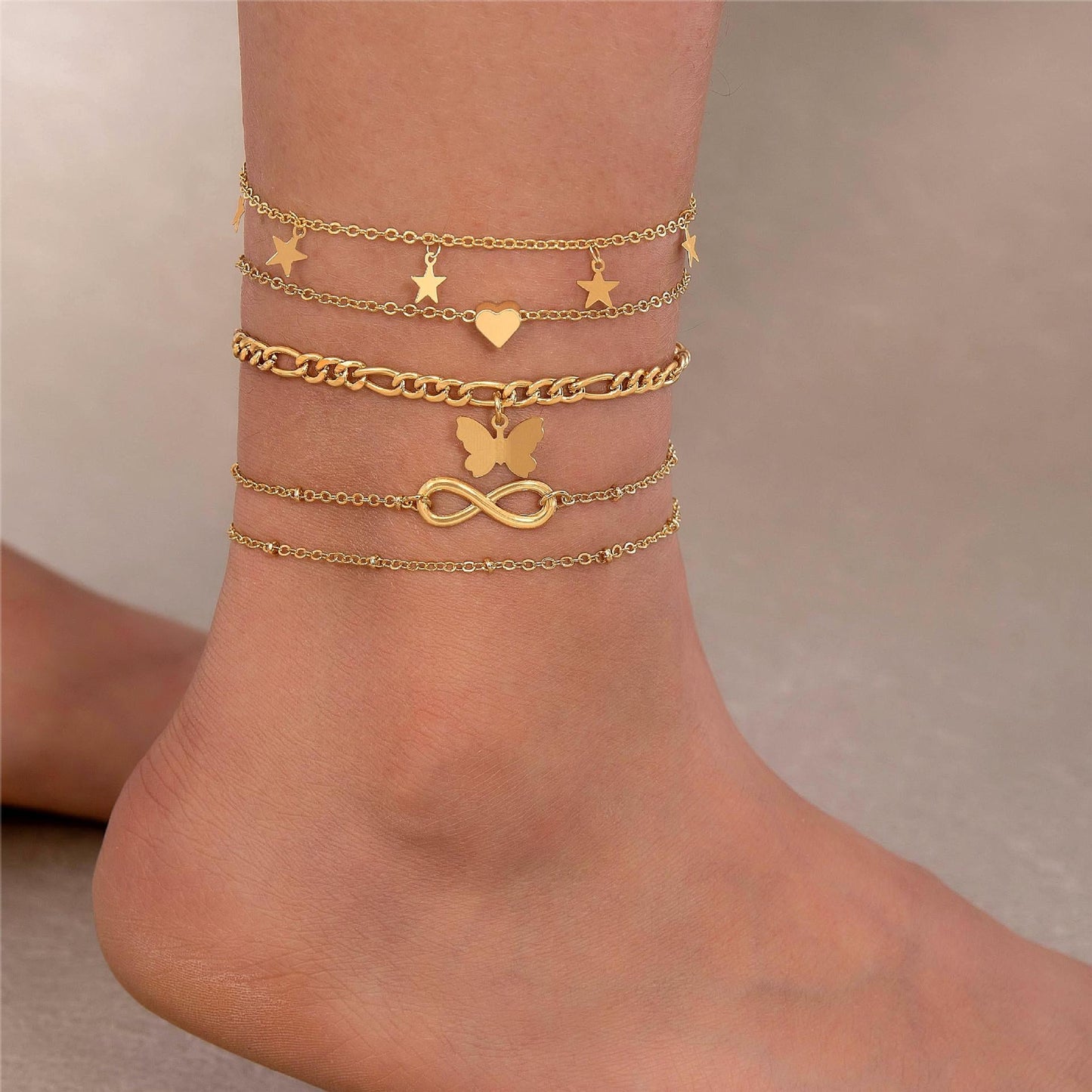 Tobillera con borlas multicapa estilo bohemio para mujer