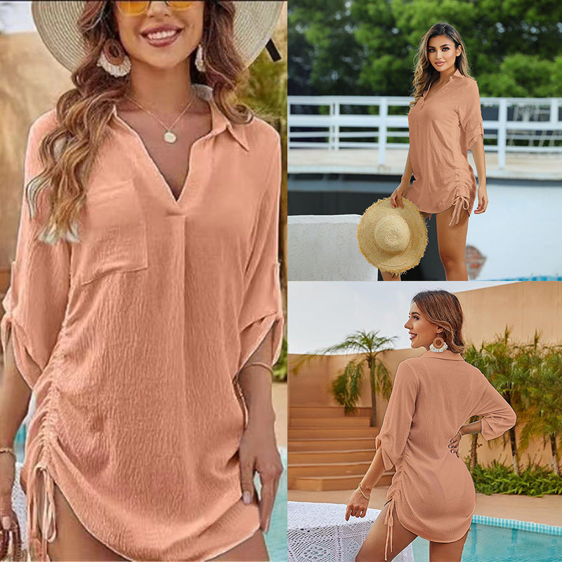 Vestido playero informal de cuello en V de color liso para mujer