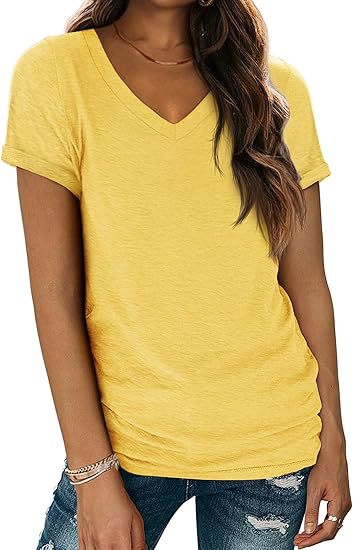 Camiseta informal de verano para mujer, color liso, cuello en V, manga corta, sin mangas