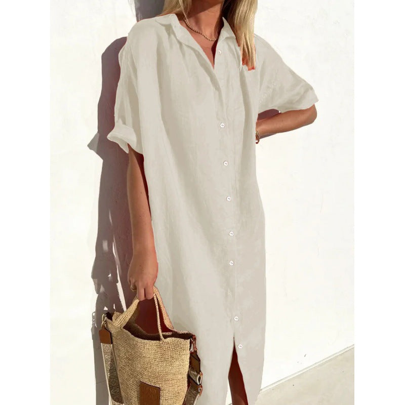 Robe décontractée en coton et lin à manches courtes pour femme avec poche et revers