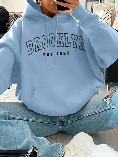 Sweat à capuche ample et décontracté pour femme avec imprimé lettres