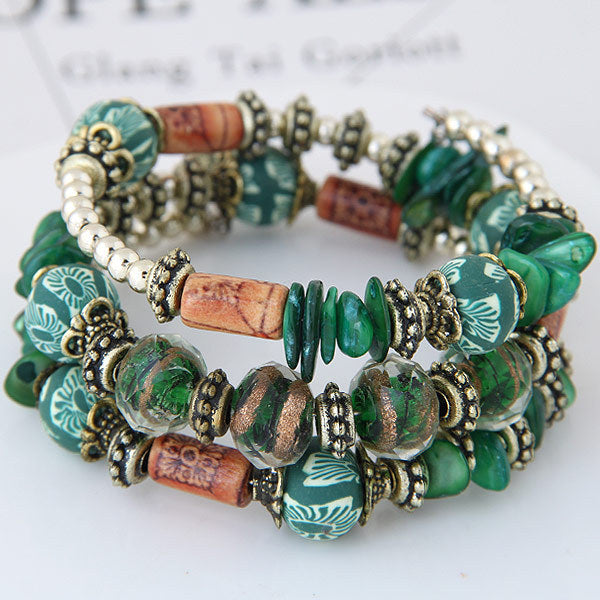 Women Fashion Boho Handmade Wooden Beaded Shell Gravel Crystal Multilayer Bracelet