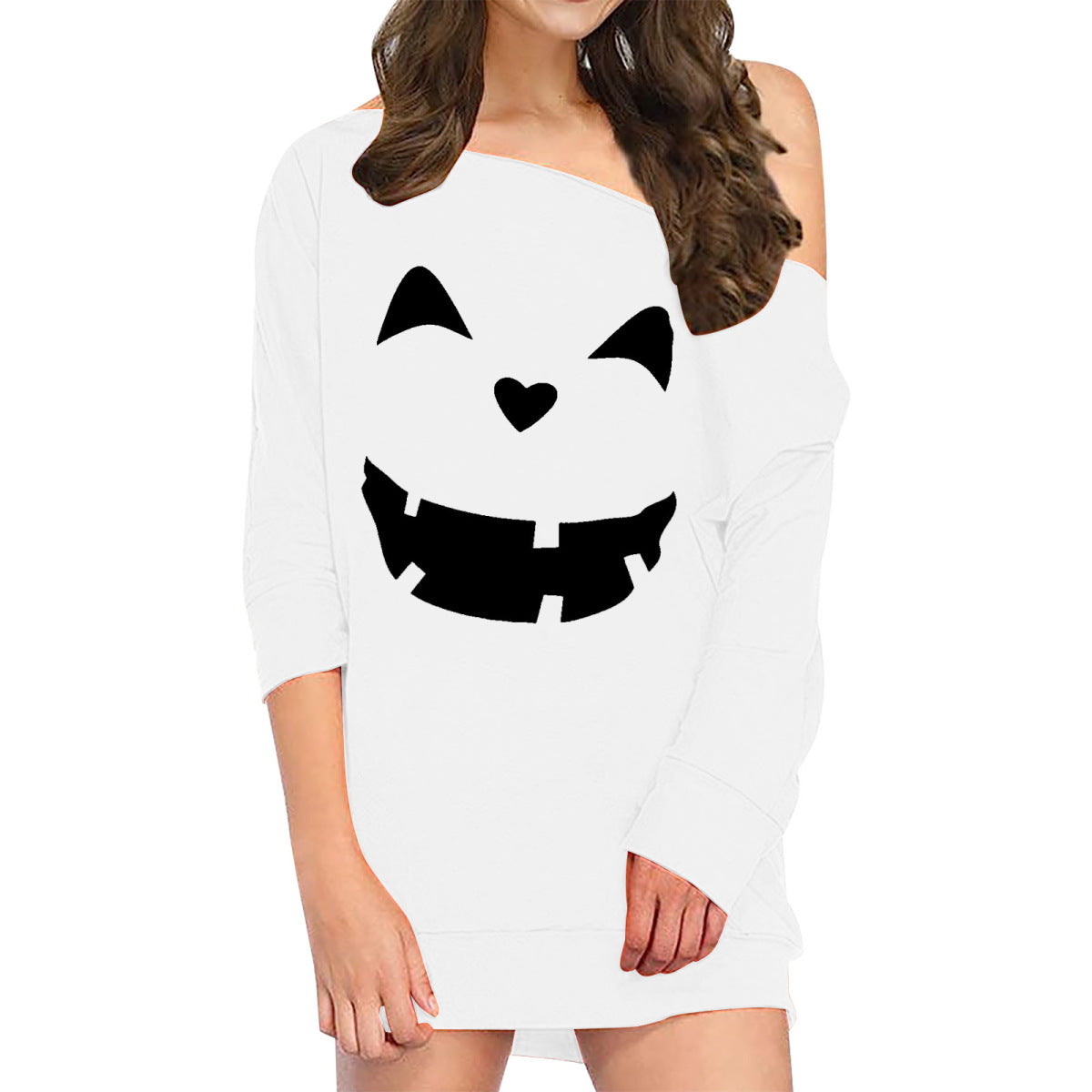 Vestido holgado de manga larga con estampado de calabaza y sonrisa de Halloween para mujer