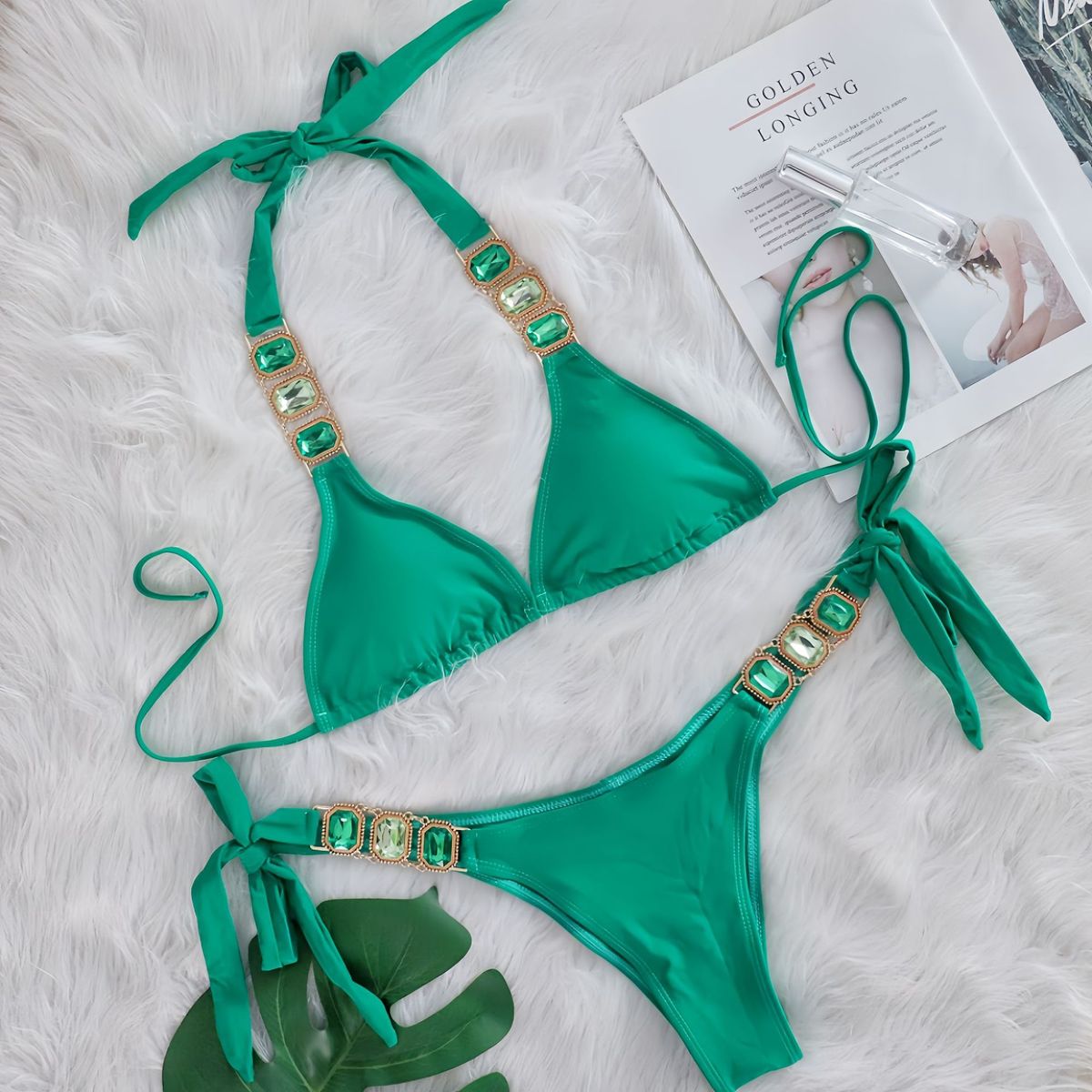Bikini sexy con tirantes de diamantes de imitación de color sólido para mujer