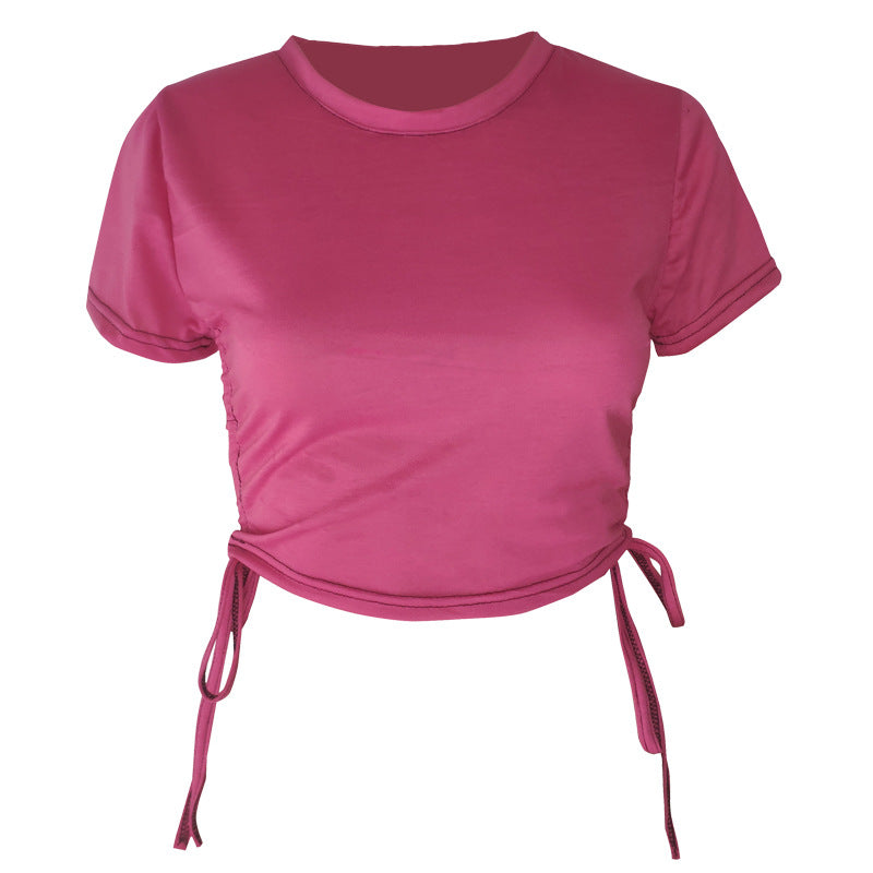 Top corto de manga corta con cordón ajustable, sexy, de color liso, a la moda para mujer
