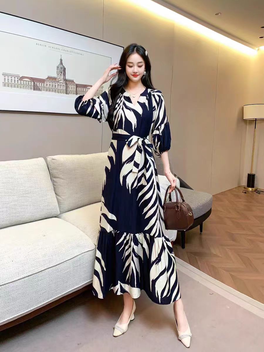 Vestido informal de gasa con cuello en V y estampado para mujer