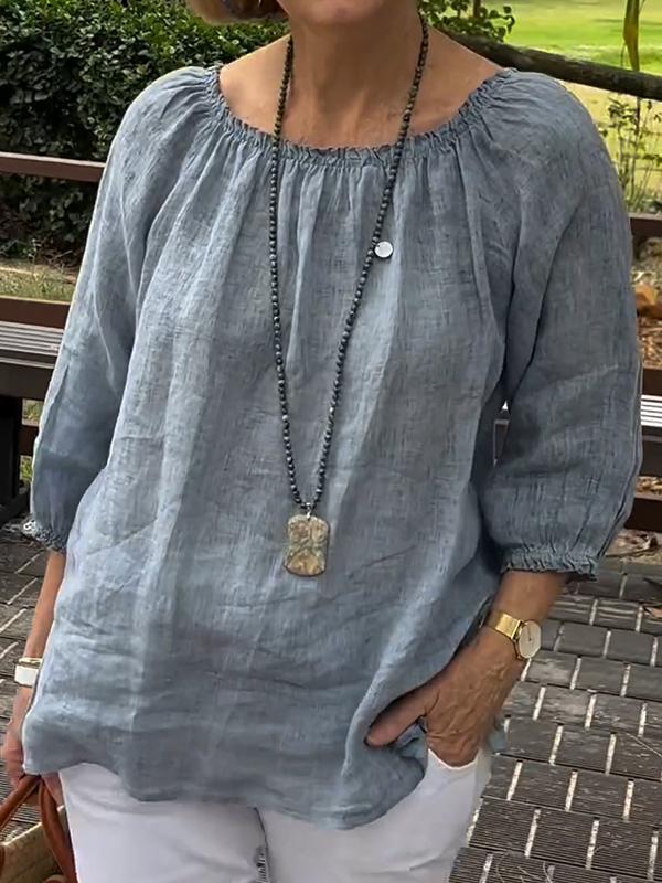 Women Casual Solid Color Round Neck Cotton Linen Top