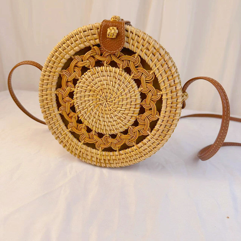 Sac rond en paille tissée vintage de style bohème