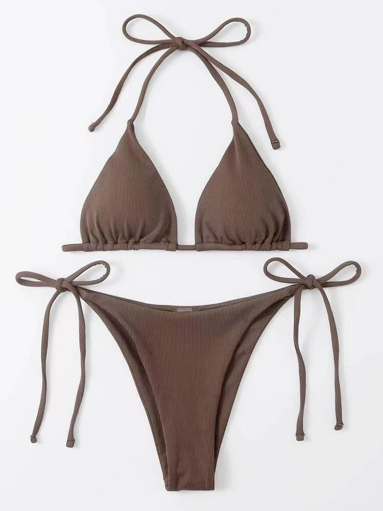 Ensemble bikini sexy à bretelles pour femme, couleur unie, été