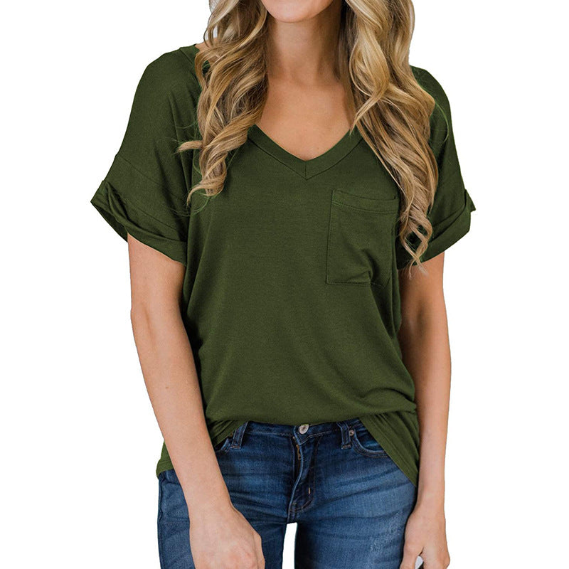 Camiseta lisa de manga corta con cuello en V para mujer