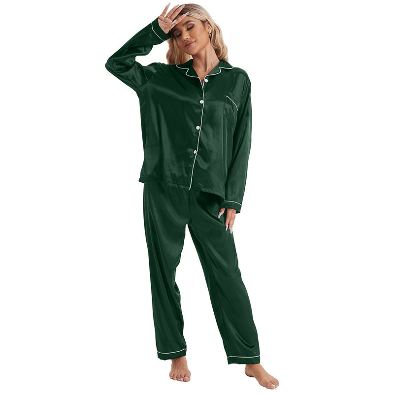 Women Simple Casual Lapel Ice Silk Long-Sleeved Pajamas Set