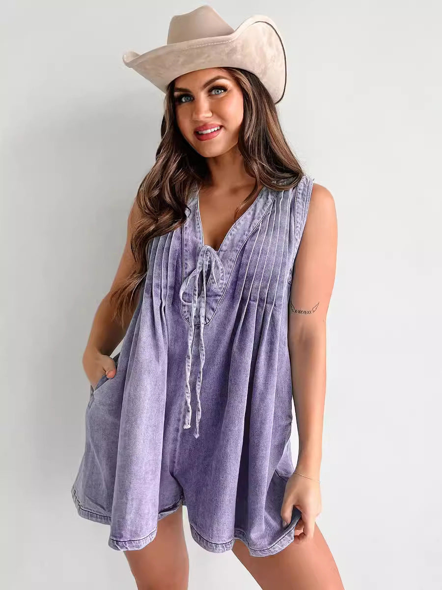 Combinaison en jean ample sans manches à col en V et couleur unie pour femme