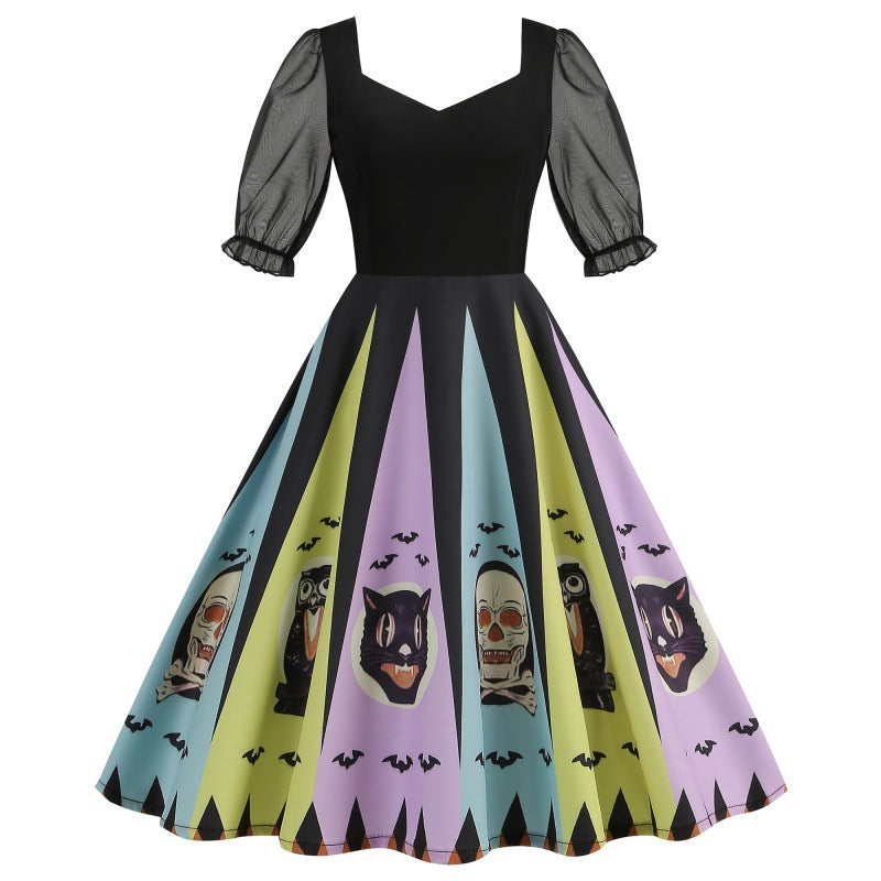 Halloween Party Mesh Sleeve Vintage Printed Dress