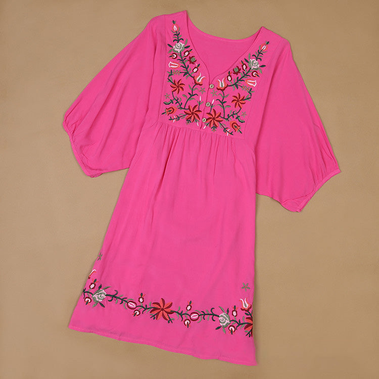 Women Casual Boho Floral Embroidered V-Neck Short-Sleeve Dress