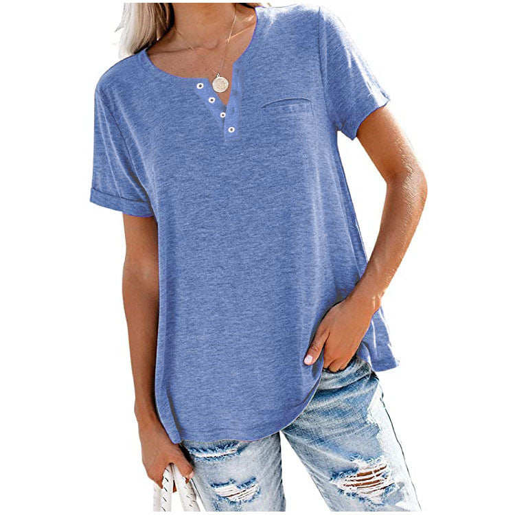 Camiseta informal holgada de verano para mujer, color liso, con cuello en V