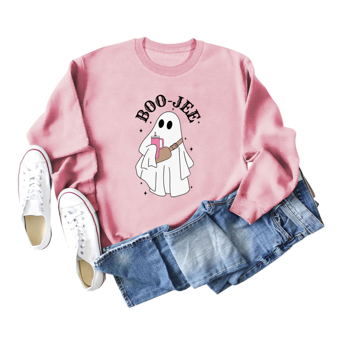 Sweat-shirt ras du cou imprimé fantôme de dessin animé pour femme Halloween