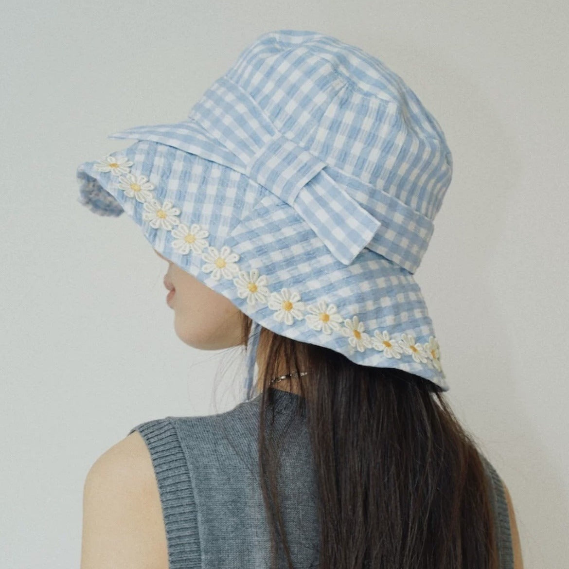 Sombreros tipo cubo con protección solar y lazo a cuadros para mujer