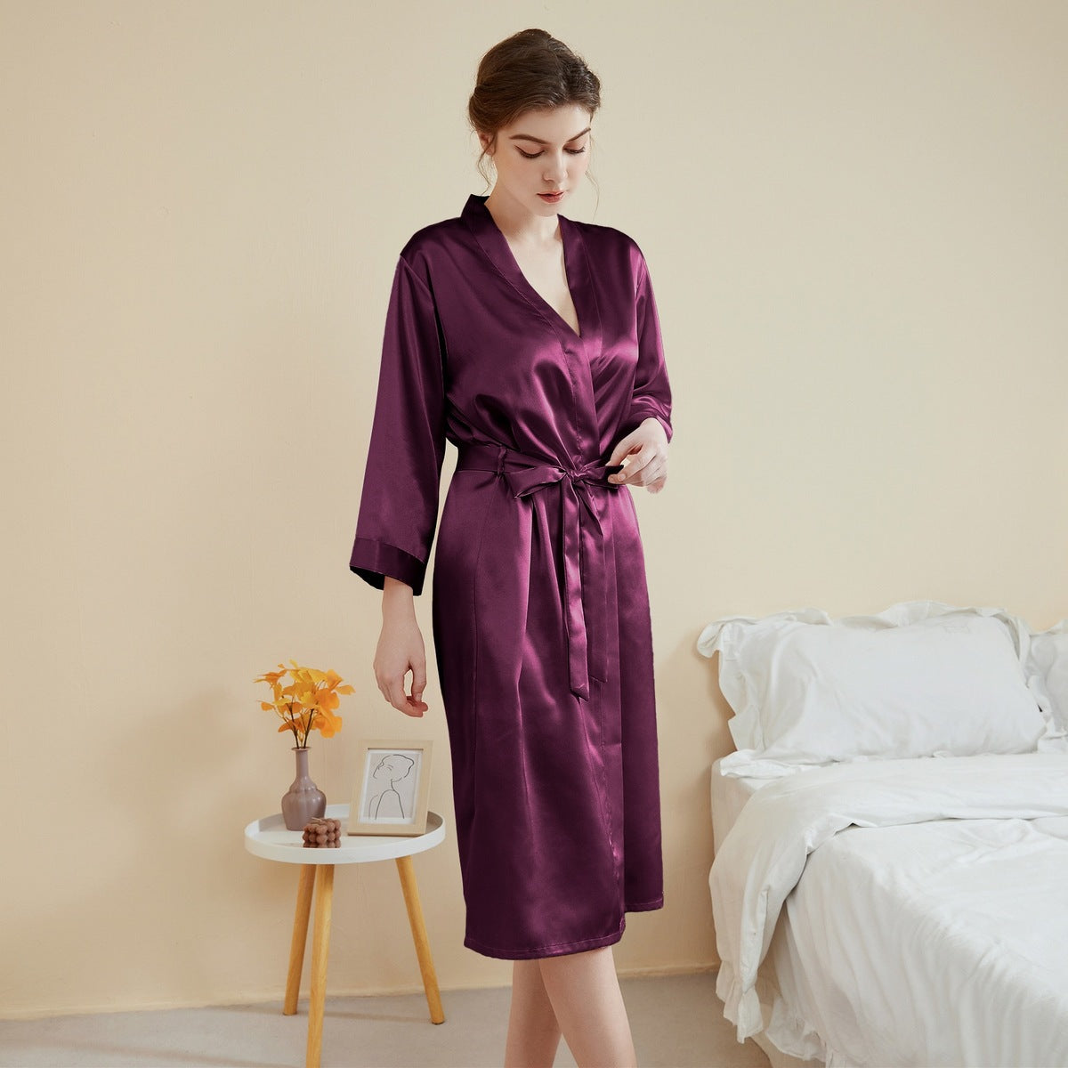 Women Fashion Satin Long Sleeve Lace-Up Pajamas Casual Loose Style
