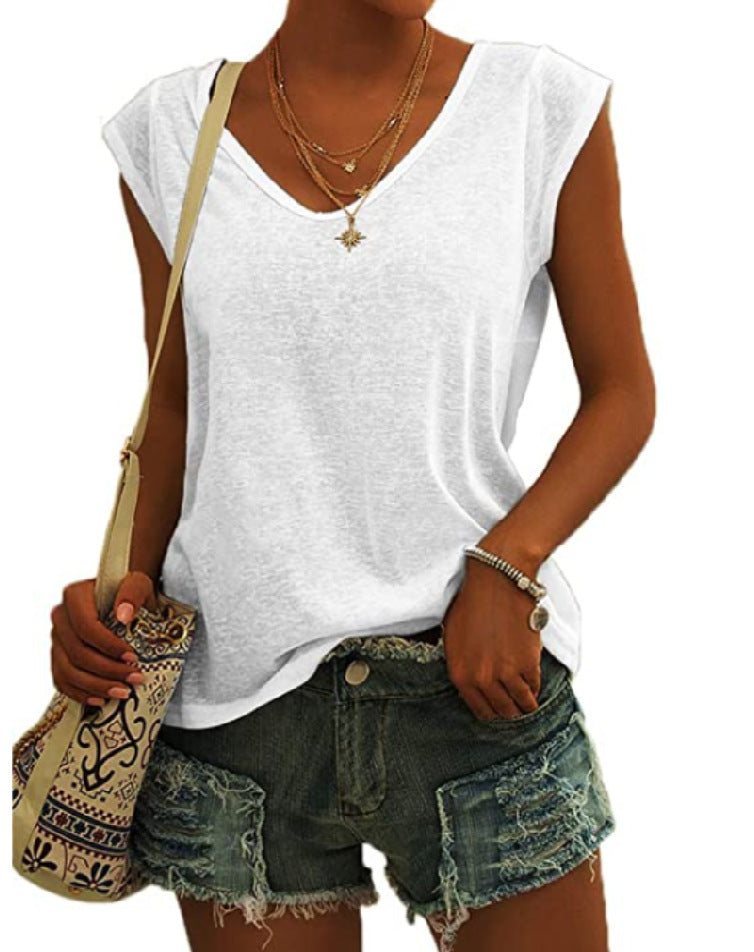 Camiseta sencilla de verano para mujer, color liso, con cuello en V