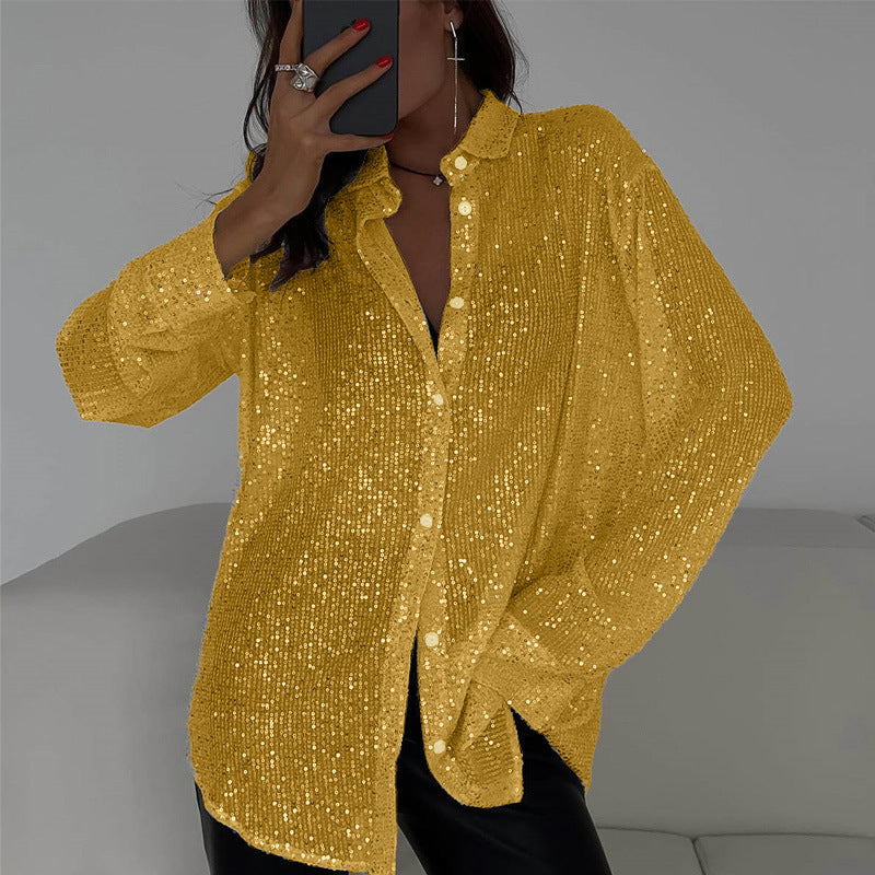 Blusa informal de manga larga con solapa y cuentas de color liso para mujer, de poliéster