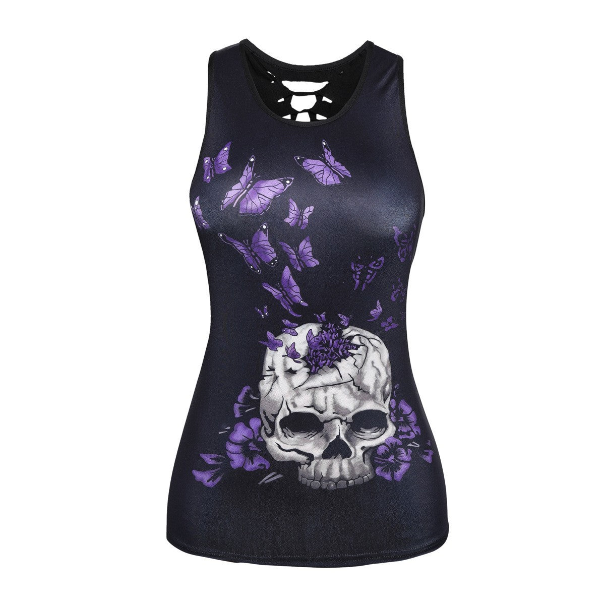Camiseta sin mangas informal con estampado floral de calavera de Halloween para mujer