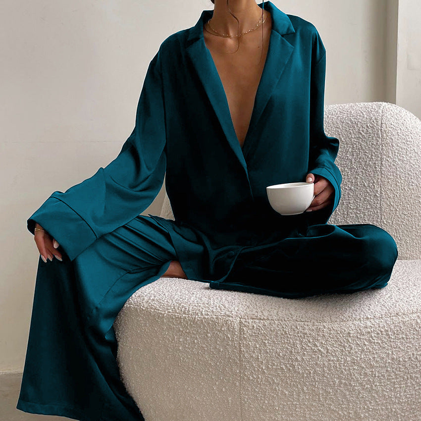 Women's Long-Sleeved Solid Satin Two-Piece Pajamas