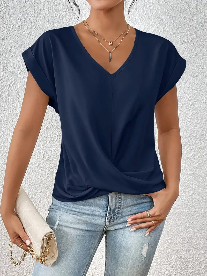 Summer Women Casual Solid Color V-Neck Short Sleeve Blank T-Shirt