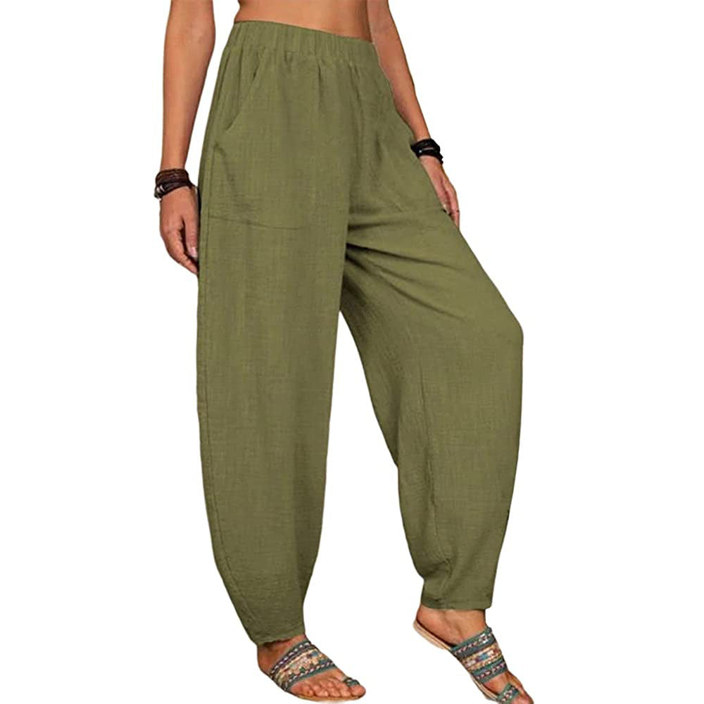 Pantalones harén de lino y algodón informales a la moda para mujer
