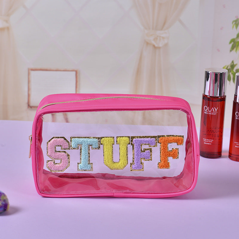 Bolsa de cosméticos impermeable de PVC transparente con letras bordadas