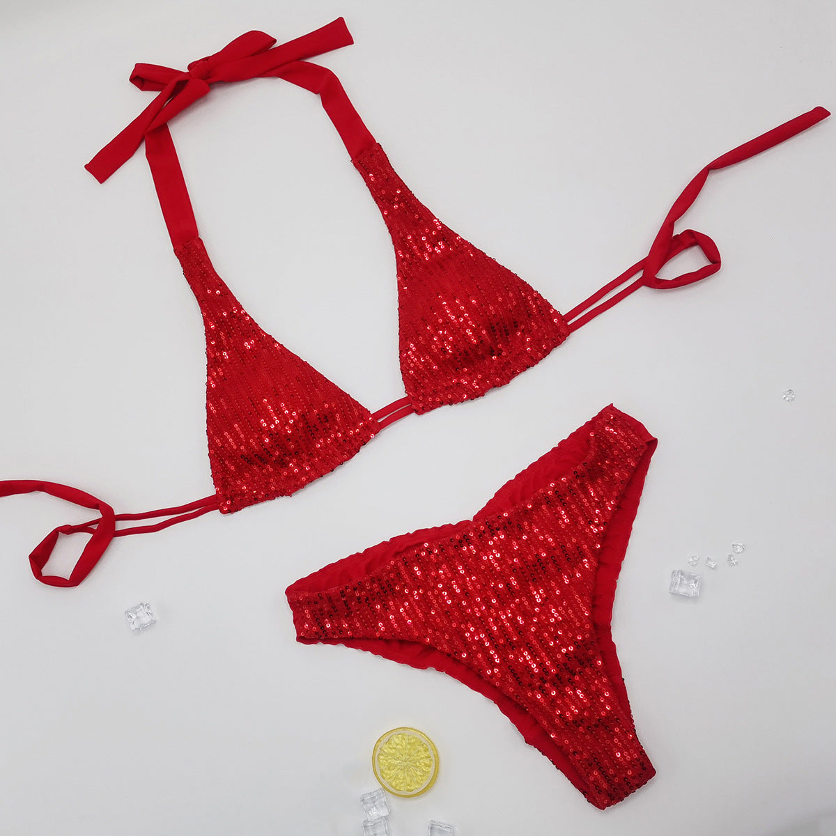Traje de baño de bikini con cuello halter y lentejuelas de color sólido sexy para mujer