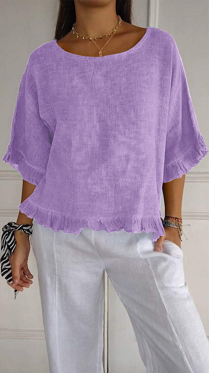 Camisa informal de lino y algodón de color liso para mujer